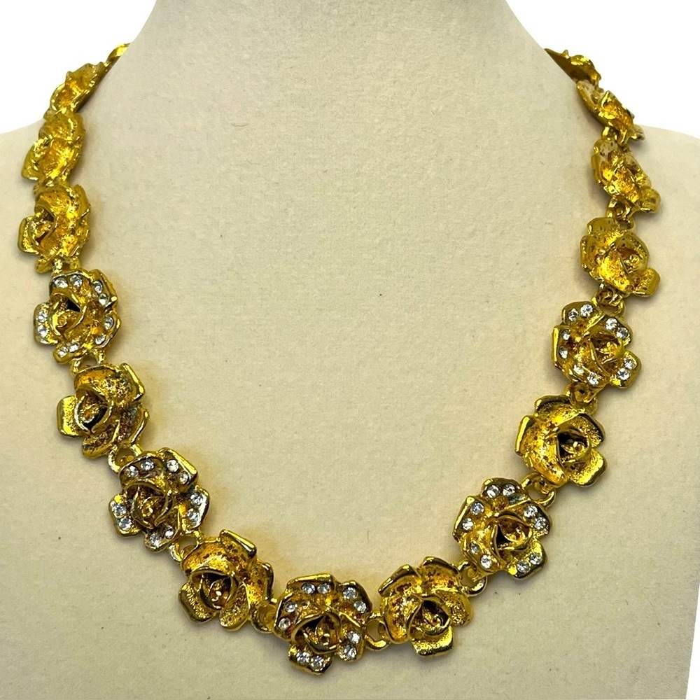 Vintage Gold Floral Crystal Necklace - Vintage
